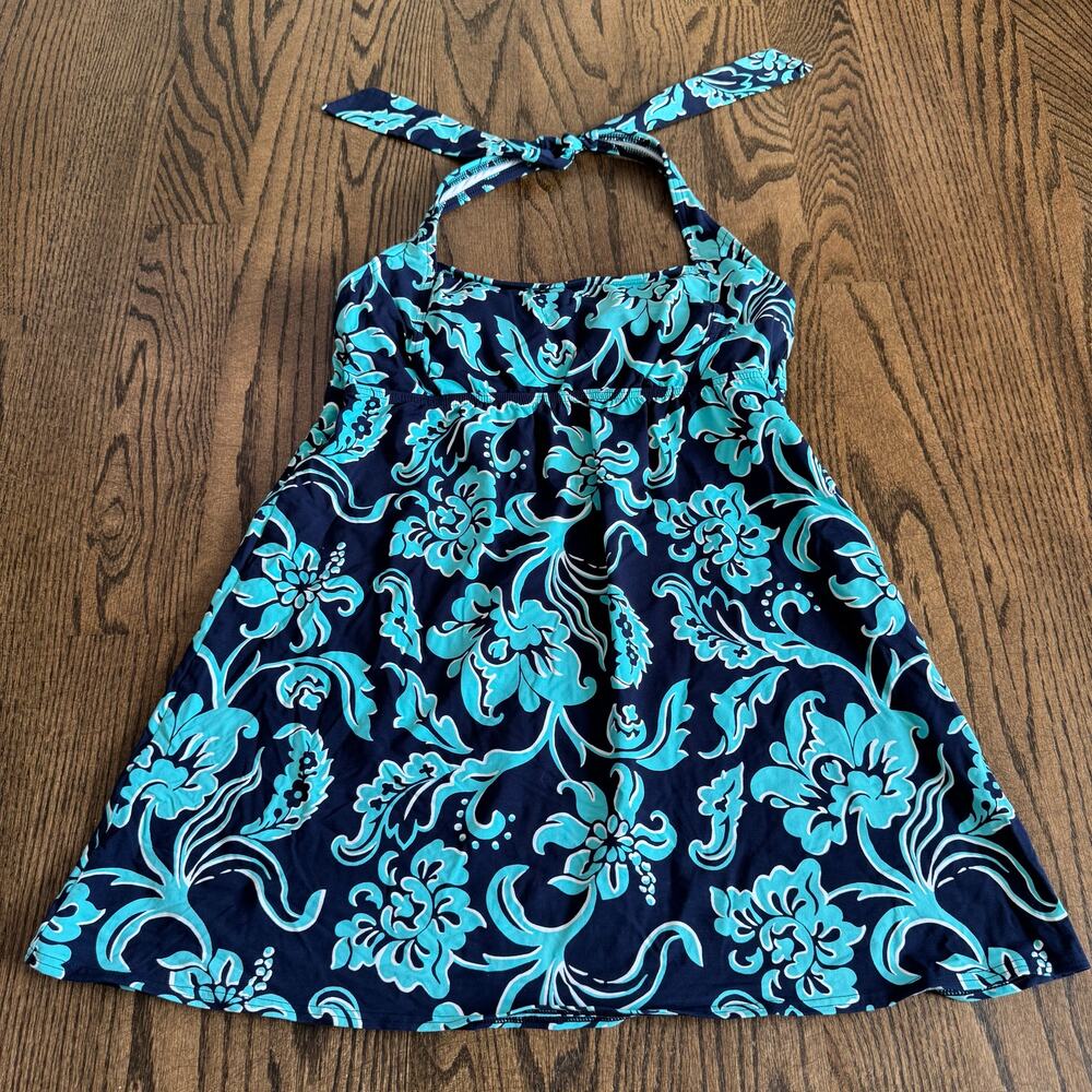 Lands End Womens Navy Teal Floral Underwire Tankini Swim Suit Dress Top Size 10